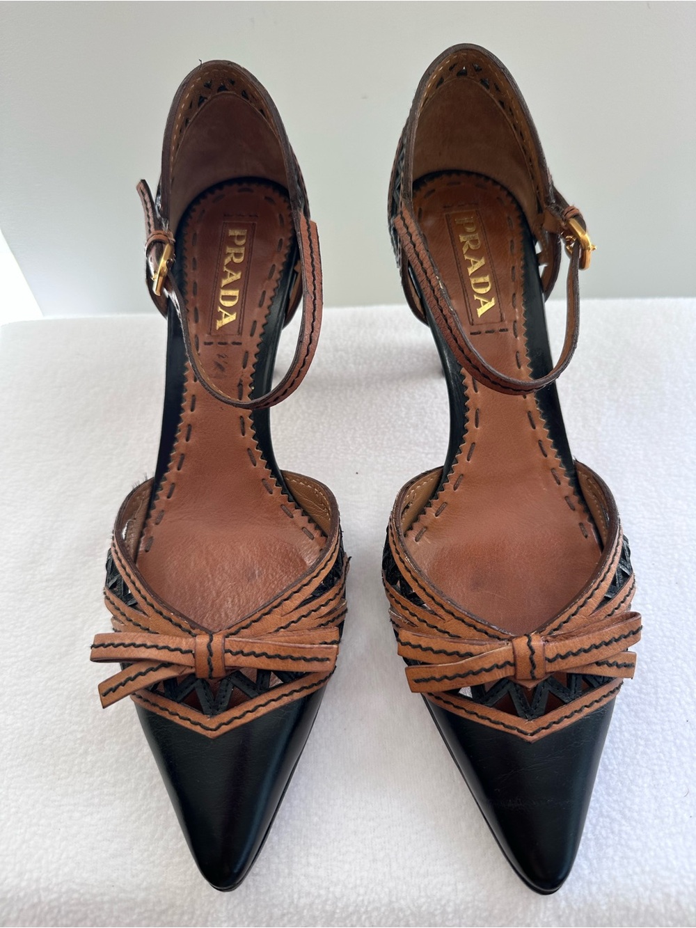Prada Two-Tone Black and Brown Leather Pointed Toe Ankle-Strap Pumps